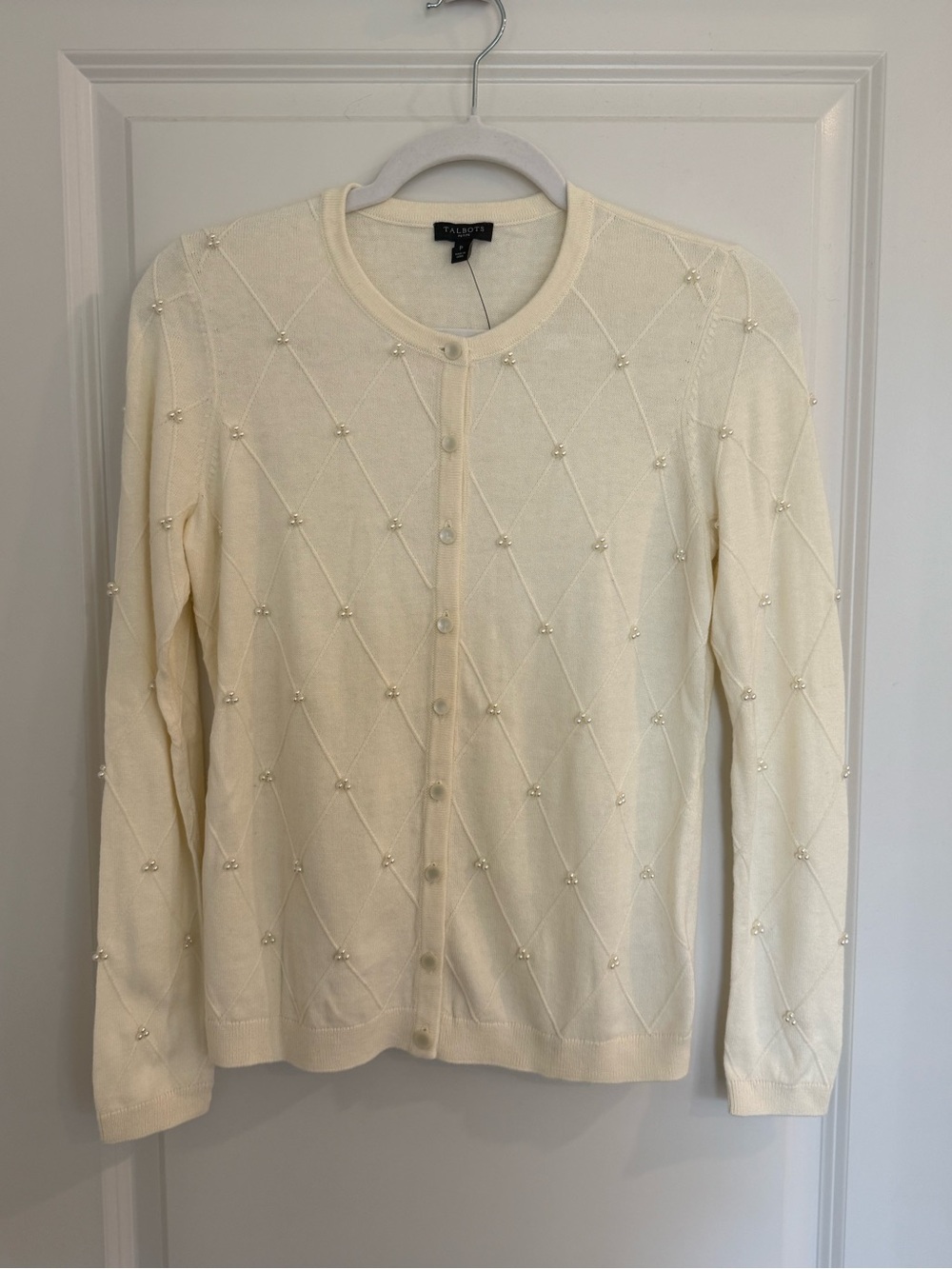 Talbots Charming Cardigan Ivory Pearl Embellished-NWT